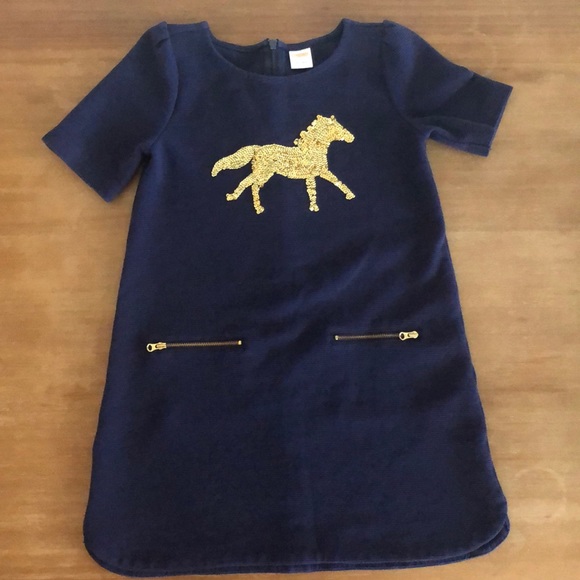 Girls Gymboree Horse Navy Blue Gold Dress Size 6